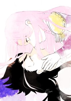 1boy 1girl black_hair collared_shirt commentary_request couple epaulettes girl_on_top gloves hair_over_another hair_over_face highres juiz_(undead_unluck) long_hair long_sleeves lying no_eyebrows on_back paint_splatter parted_bangs pink_hair shirt sidelocks simple_background spiked_hair undead_unluck victor_(undead_unluck) white_gloves yonchitaso