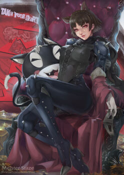 1girl absurdres animal_ears bodysuit braid breasts brown_hair cat cat_ears crown_braid female_focus highres lips map mask meister_staze morgana_(persona_5) niijima_makoto nose persona persona_5 red_eyes short_hair shoulder_spikes solo spiked_kneepads spikes throne
