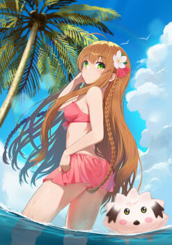 1girl absurdres ahoge alternate_costume ass bikini bikini_skirt blue_sky blush blush_stickers braid breasts brown_hair chibi-moth chinese_commentary closed_mouth cloud coconut coconut_tree commentary_request cowboy_shot cumulonimbus_cloud day dutch_angle eyelashes film_grain floating_hair flower from_behind green_eyes hair_between_eyes hair_flower hair_ornament hair_ribbon hand_up highres kanbe_kotori kano_(kotailo) long_hair looking_at_viewer looking_back medium_breasts outdoors palm_tree pink_bikini pink_ribbon rewrite ribbon sidelocks sky smile solo sunlight swimsuit tareme tree twin_braids very_long_hair wading water wet white_flower yellow_eyes