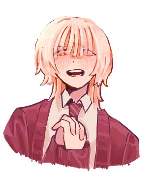 1boy blonde_hair blush bright_pupils cardigan collared_shirt commentary cropped_torso diagonal-striped_clothes diagonal-striped_necktie english_commentary hair_between_eyes looking_at_viewer male_focus medium_hair microsoft_paint_(medium) necktie open_cardigan open_clothes open_mouth own_hands_clasped own_hands_together red_cardigan red_eyes red_necktie saihate_eki shirt sidelocks simple_background solo striped_clothes tatsunami_shion teeth tosteurmori upper_body white_background white_pupils white_shirt