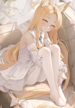 1girl absurdres animal_ear_fluff animal_ears blonde_hair blue_archive blue_necktie bright_pupils commentary_request couch dress fox_ears fox_girl halo highres looking_at_viewer necktie on_couch open_mouth pantyhose seia_(blue_archive) sitting sleeveless sleeveless_dress solo white_dress white_pantyhose yellow_eyes yellow_halo yuye