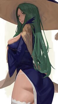 1girl ass back blue_dress breasts dress female_focus fire_emblem fire_emblem:_three_houses fire_emblem_heroes forehead green_eyes green_hair halloween halloween_costume hat highres j@ck large_breasts long_hair long_sleeves looking_at_viewer looking_back matching_hair/eyes nintendo official_alternate_costume panties parted_bangs rhea_(fire_emblem) rhea_(halloween)_(fire_emblem) solo underwear white_panties wide_sleeves witch witch_hat