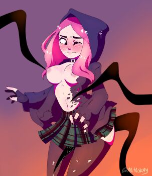 dead_by_daylight female_focus highres pink_hair skirt susie_(dead_by_daylight) tentacles thighhighs torn_clothes