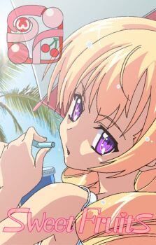 Rule 34 | 1girl, beach umbrella, blonde hair, commentary request, drinking straw, from behind, holding, holding drinking straw, looking back, original, photo background, portrait, purple eyes, solo, tank top, twintails, umbrella, v-shaped eyebrows, white tank top, yoshiten