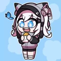 1girl animal_ears animated asymmetrical_legwear bike_shorts black_jacket black_shorts blue_eyes bug butterfly chibi double_bun fake_animal_ears food goddess_of_victory:_nikke grey_hair grey_jacket hair_between_eyes hair_bun hair_through_headwear insect jacket mismatched_legwear multicolored_jacket n102_(nikke) open_mouth short_hair short_shorts short_twintails shorts socks solo sparkling_eyes tagme twintails two-tone_jacket video virgate visor_cap white_socks