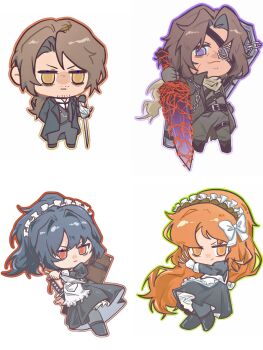 2boys 2girls apron arm_behind_back bag beard_stubble black_coat black_dress black_hair black_vest bow chibi chibi_only coat collared_shirt curtained_hair double-parted_bangs dress eyepatch facial_hair full_body gloves greatsword gregor_(project_moon) hair_bow hairband hand_on_sheath heathcliff_(project_moon) highres holding holding_knife holding_polearm holding_weapon ishmael_(project_moon) knife lance limbus_company long_hair maid_headdress multiple_boys multiple_girls narrowed_eyes official_alternate_costume orange_hair planted planted_sword planted_weapon polearm ponytail project_moon purple_eyes qilin1689 ryoshu_(project_moon) scarf serious shirt shoulder_bag smirk stubble sword vest weapon white_apron white_gloves white_shirt wuthering_heights_(identity)_(project_moon) yellow_eyes