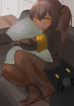 1girl absurdres black_jacket blush brown_hair brown_pantyhose cat couch girls&#039;_frontline highres hugging_object indoors jacket long_hair looking_at_viewer on_couch one_side_up pantyhose papaba pillow pillow_hug scar scar_across_eye scar_on_face sitting solo ump45_(girls&#039;_frontline) yellow_eyes