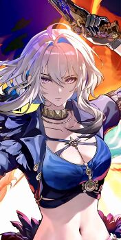 absurdres blue_bra bra cleavage_cutout clothing_cutout cropped cropped_jacket ear_piercing galbrena_(wuthering_waves) gloves gold_choker grey_hair gun highres holding holding_gun holding_weapon multicolored_hair official_art piercing pink_eyes screencap streaked_hair third-party_source underwear weapon wuthering_waves