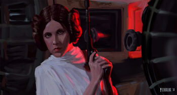 1girl art_study artist_name brown_eyes brown_hair double_bun dress gun hair_bun holding holding_gun holding_weapon looking_at_viewer nic_petrosius photo-referenced princess_leia solo star_wars star_wars:_a_new_hope upper_body weapon white_dress