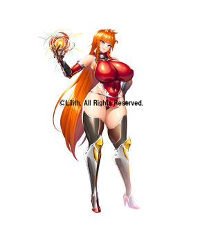 Rule 34 | 1girl, armored boots, black panties, boots, breasts, clenched hand, clenched hands, copyright name, covered navel, curvy, dress, elbow gloves, female focus, fire, fireball, full body, gloves, highleg, highleg panties, highres, huge breasts, impossible clothes, kamimura maika, lilith-soft, long hair, looking at viewer, orange hair, panties, pelvic curtain, purple eyes, red dress, revealing clothes, sian, simple background, skindentation, smile, solo, standing, string panties, taimanin (series), taimanin rpgx, taimanin suit, thick thighs, thighs, thong, underwear, very long hair, white background, wide hips