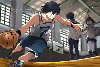 Rule 34 | 1girl, 2boys, ahoge, ball, basketball (object), black skirt, black socks, blue eyes, blue hair, blue shirt, blue shoes, brown eyes, brown hair, clannad, furukawa nagisa, japanese text, looking at another, multiple boys, okazaki tomoya, sailor collar, school uniform, shirt, shoes, skirt, sneakers, socks, sportswear, takumi (scya), translation request, yellow shirt