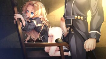 1boy 1girl aftersex ass blonde_hair blue_eyes bobby_socks bottomless censored chair cum cum_in_pussy cumdrip disheveled erection flat_chest full_body game_asset heavy_breathing loli long_hair lufia_(reijuu_no_acolyte_lufia) mary_janes mosaic_censoring non-web_source penis pointy_ears reijuu_no_acolyte_lufia robe robe_lift shoes socks tanabe_kyou torogao visual_novel_cg