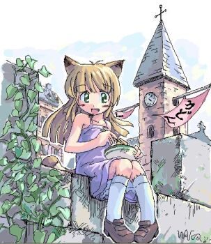 Rule 34 | 1girl, :d, animal ears, antenna hair, banner, bare arms, bare shoulders, blonde hair, blunt bangs, blunt ends, blush, bowl, brown shoes, chopsticks, church, clock, clock tower, commentary request, day, dress, eating, fang, foot dangle, fox ears, fox girl, fox tail, full body, green eyes, holding, holding bowl, holding chopsticks, loafers, long hair, looking at viewer, object on lap, oekaki, open mouth, original, outdoors, paint chat (medium), purple dress, shoes, sitting, sleeveless, sleeveless dress, smile, socks, solo, spaghetti strap, stone wall, tail, tower, waka (sagi), white socks
