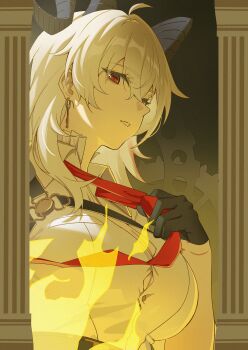 1girl absurdres ahoge black_gloves black_horns breasts button_gap chamaru5963 chest_harness collared_shirt commentary curled_horns earrings gloves grey_hair harness highres horns jewelry key_earrings long_hair looking_at_viewer looking_to_the_side medium_breasts mole mole_under_eye multicolored_hair necktie parted_lips red_eyes red_necktie shirt sideways_glance solo streaked_hair upper_body white_shirt wuthering_waves zani_(wuthering_waves)