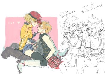 1boy 1girl anmoko0520 bare_shoulders baseball_cap black_gloves black_pants black_shirt black_thighhighs black_vest blonde_hair blue_shorts blush boots border breasts cindy_aurum cleavage closed_eyes cropped_jacket denim denim_shorts final_fantasy final_fantasy_xv girl_on_top gloves goggles goggles_around_neck hand_on_another&#039;s_chin hat hetero highres jacket laughing looking_at_another medium_breasts midriff open_mouth pants pink_background prompto_argentum red_hat shirt short_hair shorts sitting sitting_on_lap sitting_on_person sketch smile spiked_hair straddling sweatdrop tears thighhighs vest wavy_hair white_boots white_border yellow_jacket
