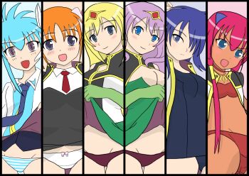 00s 6+girls anise_azeat apricot_sakuraba blonde_hair blue_eyes blue_hair blush bow bow_panties galaxy_angel galaxy_angel_rune kahlua_marjoram lily_c._sherbet looking_at_viewer multiple_girls nano-nano_pudding one-piece_swimsuit open_mouth orange_hair panties pantyshot purple_hair school_swimsuit smile striped_clothes striped_panties swimsuit tequila_marjoram underwear white_panties