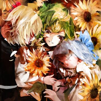 Rule 34 | 3girls, blonde hair, blood, blood on face, collared shirt, covering another's eyes, flower, green eyes, grin, hand on another's face, hand on another's head, hands up, highres, kataru (ubw-emiya), kazami yuuka, multiple girls, parted lips, plaid clothes, plaid vest, purple hair, red vest, remilia scarlet, rumia, shirt, short hair, smile, sunflower, touhou, vest, white shirt, yellow flower