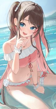 1girl absurdres bikini blue_eyes blush bow bow_bikini bracelet breasts brown_hair collarbone colored_inner_hair commentary fang finger_to_cheek flower flower_bikini frilled_bikini frilled_thigh_strap frilled_wristband frills hair_ornament hairclip highres jewelry kaga_nazuna long_hair looking_at_viewer medium_breasts mole mole_under_eye mountain multicolored_hair navel ocean open_mouth parallel_hairclips partially_submerged pink_bikini pink_bow pink_hair pink_nails ronununn sitting sky swept_bangs swimsuit thigh_strap two_side_up very_long_hair virtual_youtuber vspo! white_flower