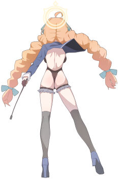 Rule 34 | 1girl, absurdres, ahoge, aqua neckerchief, ass, back, black leotard, black socks, blue archive, blue shrug, braid, braided twintails, commentary, english commentary, facing away, feather hair, frilled thigh strap, from behind, full body, gloves, half gloves, halo, halter leotard, halterneck, highres, holding, holding riding crop, kneehighs, leotard, long hair, low twin braids, neckerchief, official alternate costume, riding crop, s10021, shimiko (blue archive), shimiko (magical) (blue archive), shrug (clothing), socks, solo, super highleg, thigh strap, twin braids, white background, yellow halo