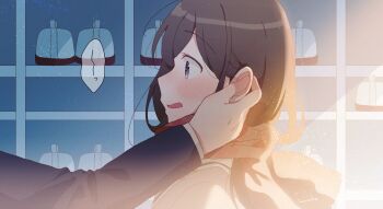 Rule 34 | 1boy, 1girl, artist name, bloom, blush, brown hair, commentary request, enpera, from side, getabako, grey eyes, hanako151, hand on another's ear, highres, layered sleeves, long hair, long sleeves, original, out of frame, parted lips, profile, red scarf, scarf, shadow, solo focus, speech bubble, spoken squiggle, squiggle, upper body