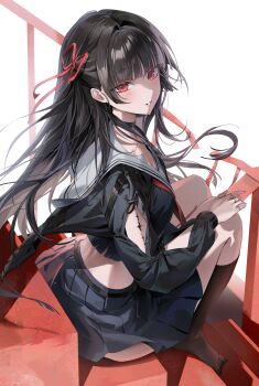 1girl absurdres arm_cutout black_hair black_jacket black_shirt black_skirt breasts chii_(chiiriring) chisa_(wuthering_waves) clothing_cutout crop_top from_side hair_ribbon highres jacket long_hair long_sleeves looking_at_viewer looking_to_the_side medium_breasts neckerchief no_shoes parted_lips red_eyes red_neckerchief red_ribbon ribbon sailor_collar shirt sitting skirt solo tagme white_sailor_collar wuthering_waves