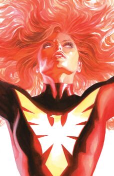 1girl absurdres alex_ross arms_up bodysuit colored_sclera comic_cover cover cover_page floating_hair glowing highres jean_grey long_hair looking_at_viewer looking_down marvel official_art parted_lips phoenix_(x-men) pink_sclera realistic red_bodysuit red_hair solo superhero_costume western_comics_(style) white_background white_eyes x-men
