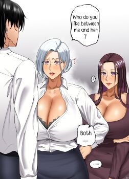 ... 1boy 2girls absurdres black_bra black_hair blush bra bra_peek breasts brown_hair cleavage collared_shirt dress earrings english_text grey_hair hand_on_own_hip highres huge_breasts jewelry lips lipstick long_hair makeup mature_female mole mother_and_daughter multiple_girls n0n_001 office_lady original purple_dress purple_eyes purple_hair red_lips shirt skirt speech_bubble underwear white_hair white_shirt