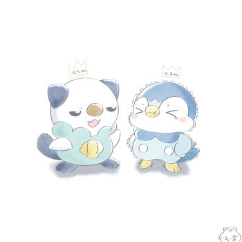 Rule 34 | > <, blush, closed eyes, commentary request, full body, gen 4 pokemon, gen 5 pokemon, height, height conscious, highres, jitome, mochimaro (infj oekaki), nintendo, no humans, open mouth, oshawott, piplup, pokemon, pokemon (creature), simple background, trembling, white background