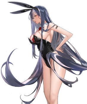 1girl absurdres animal_ears armpits barcode barcode_tattoo between_breasts black_leotard blue_hair breasts character_request commentary_request detached_collar fake_animal_ears hair_between_eyes highleg highleg_leotard highres korean_commentary large_breasts leotard long_hair looking_to_the_side necktie necktie_between_breasts playboy_bunny red_necktie sideboob simple_background snacks00 solo standing strapless strapless_leotard tattoo tongue tongue_out very_long_hair white_background