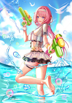 1girl absurdres artist_logo barefoot bikini bikini_skirt bird blue_eyes blue_sky breasts elysia_(honkai_impact) elysia_(miss_pink_elf)_(honkai_impact) elysia_(summer_miss_elf)_(honkai_impact) feet hairband highres holding holding_water_gun honkai_(series) honkai_impact_3rd jacket large_breasts logo long_hair ocean official_alternate_costume outdoors pink_hair rainbow seagull see-through_clothes see-through_jacket sky smile soles solo solomon_chenxi swimsuit thigh_strap thighs toes very_long_hair water_gun white_bikini white_hairband