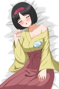 1girl :o absurdres bed_sheet black_hair blush breasts closed_eyes collarbone commentary_request erika_(pokemon) hairband hakama hakama_skirt hand_up highres japanese_clothes kimono lying nintendo open_mouth patty_ojisan pokemon pokemon_frlg short_hair single_bare_shoulder single_off_shoulder skirt solo yellow_kimono