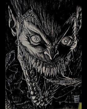 1boy 2025 absolute_batman absolute_dc crazy_smile dc_comics greyscale hashtag-only_commentary hatching_(texture) highres horror_(theme) long_tongue looking_at_viewer male_focus marker_(medium) maya_panda monochrome open_mouth portrait saliva sharp_teeth signature smile solo teeth the_joker tongue tongue_out traditional_media twitter_username veins