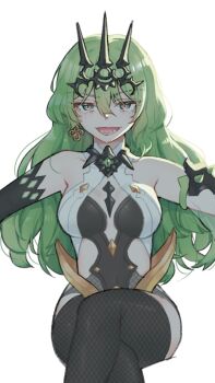 1girl :d black_dress black_gloves breasts commentary crossed_legs crown dress earrings elbow_gloves gloves green_eyes green_hair highres honkai_(series) honkai_impact_3rd invisible_chair jewelry large_breasts long_hair looking_at_viewer mobius_(honkai_impact) open_mouth simple_background single_earring single_sleeve sitting slit_pupils smile solo symbol-only_commentary velcozz wavy_hair white_background white_sleeves