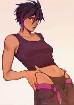 1girl absurdres belt brown_eyes clothes_pull crop_top dark-skinned_female dark_skin dispatch face_piercing goku_inu_go_kuken hands_on_own_hips highres invisigal_(dispatch) nose_piercing nose_ring nostril_piercing open_belt open_fly panties pants pants_pull parted_lips piercing pink_belt purple_hair short_hair simple_background solo toned toned_female underwear