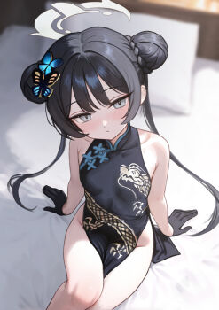 1girl bare_legs bare_shoulders black_dress black_gloves black_hair blue_archive blush breasts butterfly_hair_ornament china_dress chinese_clothes double_bun dragon_print dress feet_out_of_frame from_above gloves grey_eyes grey_halo groin hair_bun hair_ornament halo head_tilt highres kisaki_(blue_archive) loli long_hair looking_at_viewer nito_(nshtntr) no_panties pelvic_curtain sitting sleeveless sleeveless_dress small_breasts solo twintails very_long_hair