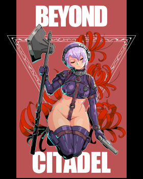 1girl absurdres axe battle_axe beyond_citadel black_background breasts chanawee closed_eyes closed_mouth commentary copyright_name flower full_body gun handgun highres holding holding_gun holding_weapon martyr_(the_citadel) pillarboxed pouch purple_hair purple_thighhighs red_background red_flower revolver simple_background solo spider_lily the_citadel thighhighs two-tone_background weapon