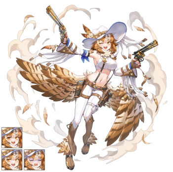 1girl absurdres bare_shoulders belt blue_nails blush bob_cut boots breasts brown_belt brown_footwear brown_wings buttons cowboy_hat cowgirl_(western) crop_top detached_sleeves dust falling_feathers feathered_wings feathers full_body gun handgun hat hat_feather highres holding holding_gun holding_weapon holster knees_together_feet_apart long_sleeves low_wings medium_breasts medium_hair midriff morung multiple_views navel one_eye_closed open_mouth original pants revolver sheriff_badge shirt sleeveless sleeveless_shirt slit_pupils standing star_(symbol) sweat teeth thick_eyebrows thigh_gap thigh_holster tight_clothes tight_pants upper_teeth_only weapon white_background white_hat white_pants white_shirt wings
