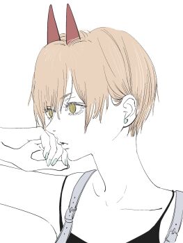 alternate_hair_length alternate_hairstyle blonde_hair blue_nails chainsaw_man collarbone commentary_request demon_girl demon_horns earrings eyelashes fingernails green_eyes highres horns jewelry nail_polish needbee_r power_(chainsaw_man) red_horns ringed_eyes short_hair simple_background very_short_hair white_background