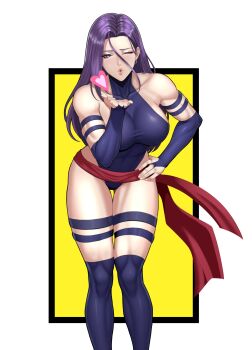 1girl absurdres breasts commentary elbow_gloves english_commentary gloves highleg highleg_leotard highres large_breasts leotard long_hair looking_at_viewer marvel one_eye_closed psylocke purple_eyes purple_hair sash solo superhero_costume textless_version thighhighs tsu.toxine x-men