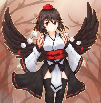 1girl bare_tree bird_wings black_hair black_skirt black_thighhighs black_wings closed_mouth commentary english_commentary hat highres kourindou_tengu_costume kyl490 looking_at_viewer red_eyes red_hat red_sash ribbon-trimmed_skirt ribbon-trimmed_sleeves ribbon_trim sash shameimaru_aya short_hair skirt smile solo standing thighhighs tokin_hat touhou tree wide_sleeves wings