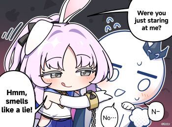 1girl 1other :q averting_eyes black_background blue_one-piece_swimsuit blue_sailor_collar blush breasts cape chibi chibi_only chibi_tyrant_(stella_sora) commentary copyright_notice cuffs elbow_gloves english_commentary english_text flying_sweatdrops fur-trimmed_cape fur_trim gloves gradient_hair grey_eyes hair_intakes half-closed_eyes hand_on_another&#039;s_chin hand_on_another&#039;s_shoulder highres large_breasts long_hair motion_lines multicolored_hair nervous_sweating official_art one-piece_swimsuit other_with_female parted_bangs playboy_bunny_swimsuit ponytail purple_hair red_background sailor_collar sailor_shirt shackles shia_(stella_sora) shirt single_ear_down sleeveless sleeveless_shirt smile stella_sora sweat swimsuit swimsuit_under_clothes tongue tongue_out tyrant_(stella_sora) very_long_hair white_gloves white_shirt