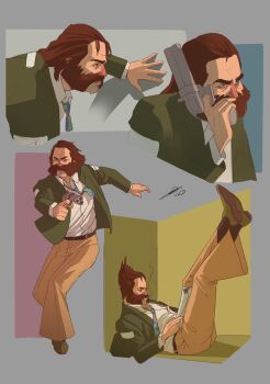 1boy belt blush brown_hair cigarette collared_shirt commentary disco_elysium english_commentary facial_hair full_body gun handgun harry_du_bois highres holding holding_gun holding_weapon horrific_necktie mullet multiple_views mutton_chops necktie nose_blush nurve26 serious shirt shirt_tucked_in smoke smoke_trail sweatdrop weapon white_shirt