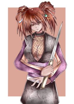 1girl artist_request breasts brown_eyes brown_hair cleavage dress female_focus fighting_stance fishnets holding holding_weapon long_hair looking_at_viewer medium_breasts moriya_misanagi ninja no_bra rurouni_kenshin short_dress simple_background solo standing twintails weapon