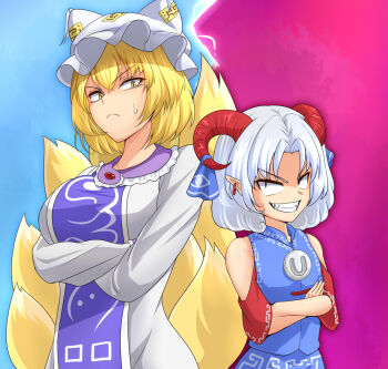Rule 34 | 2girls, animal ears, blonde hair, blue shirt, blue skirt, blue tabard, breasts, chinese clothes, commentary, crossed arms, detached sleeves, dress, earrings, fox ears, fox tail, goat horns, grin, hidaruma, highres, horns, jewelry, long sleeves, looking at another, multiple girls, multiple tails, pointy ears, red sleeves, rivalry, sharp teeth, shirt, short hair, skirt, smile, sweatdrop, tabard, tail, teeth, touhou, toutetsu yuuma, two-tone background, white dress, white hair, wide sleeves, yakumo ran, yellow eyes