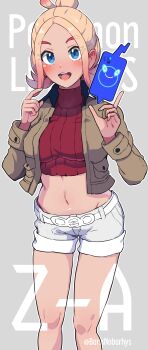 1girl absurdres blue_eyes blush boris_(noborhys) breasts commentary_request gen_4_pokemon grey_eyes grey_jacket highres jacket large_breasts midriff navel nintendo open_mouth pokemon pokemon_(creature) pokemon_legends:_z-a red_sweater rotom rotom_phone short_shorts shorts sweater taunie_(pokemon) turtleneck turtleneck_sweater white_shorts