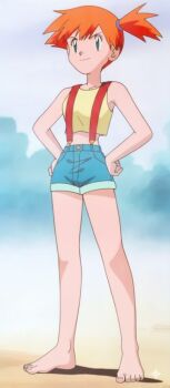 1girl ai-assisted bare_arms bare_legs barefoot blue_eyes feet gym_leader midriff misty_(pokemon) official_art orange_hair outdoors pokemon pokemon_(anime) self-upload short_shorts shorts suspender_shorts suspenders third-party_edit toes