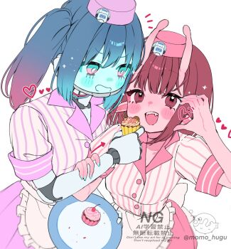 2girls alien antennae apron blue_hair blush face_filter food heart heart_hands highres kujo_chiharu kurusu_makina_(milky_galactic_universe) mechanical_hands mechanical_neck medium_hair metal_jaw milky_subway momofugu multiple_girls open_mouth plate red_eyes red_hair robot_girl smile sweets twintails waitress watermark white_apron white_background