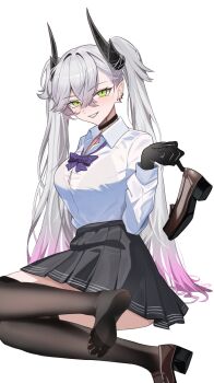 1girl absurdres black_skirt breasts commentary demon_horns fate/grand_order fate_(series) green_eyes highres horns kaworu13 large_breasts lilith_(fate) looking_at_viewer pink_hair pleated_skirt see-through_clothes see-through_shirt shirt skirt smile solo symbol-only_commentary twintails white_hair white_shirt