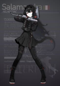 1girl absurdres ankle_boots beretta_93r black_boots black_gloves black_hair black_horns black_leggings black_pantyhose black_skirt boots character_name closed_mouth commentary dual_wielding english_commentary flag full_body gloves gun hair_between_eyes handgun hands_up highres holding holding_gun holding_weapon horns italian_flag italy jerry_wang knife lace-up_boots leggings legs_apart lizard_tail long_hair long_sleeves looking_at_viewer military_operator military_uniform o-ring o-ring_thigh_strap original pale_skin pantyhose piercing pleated_skirt puffy_long_sleeves puffy_sleeves red_eyes salamandra_(jerry_wang) sheath sheathed skirt solo standing tachi-e tactical_clothes tail tail_ornament tail_piercing thigh_strap trigger_discipline v v-shaped_eyebrows weapon weapon_request