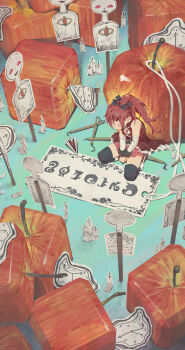 Rule 34 | 1girl, apple, between legs, black bow, black thighhighs, boots, bow, chinese commentary, closed eyes, commentary request, detached sleeves, dress, food, from above, fruit, gem, hand between legs, highres, long hair, madoka runes, magical girl, mahou shoujo madoka magica, mahou shoujo madoka magica (anime), nunchaku, paper, paper cutout, pink skirt, ponytail, red boots, red dress, red gem, red hair, sakura kyoko, sakura kyoko (magical girl), shixin changjinglu, sitting, skirt, skirt under dress, solo, soul gem, thighhighs, wariza, weapon, wrist cuffs